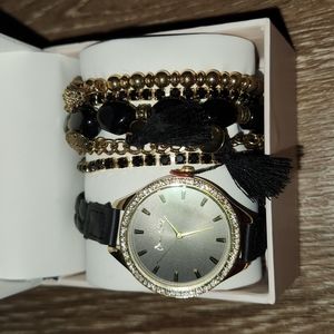 Jessica Carlyle Black and Gold Watch and Bracelet Set